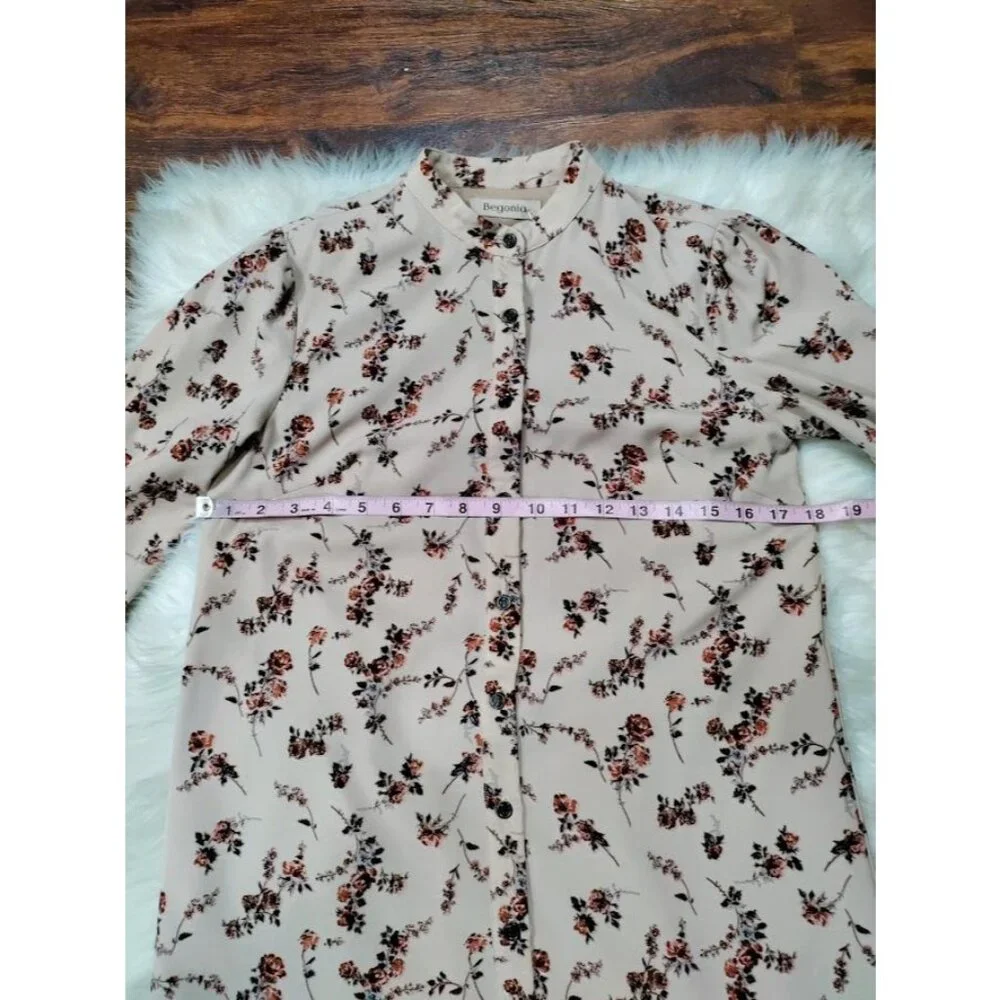 Begonia Puff Long Sleeve High Neck  Floral Print Hi-Low Dress Beige Womens Small - Picture 9 of 15